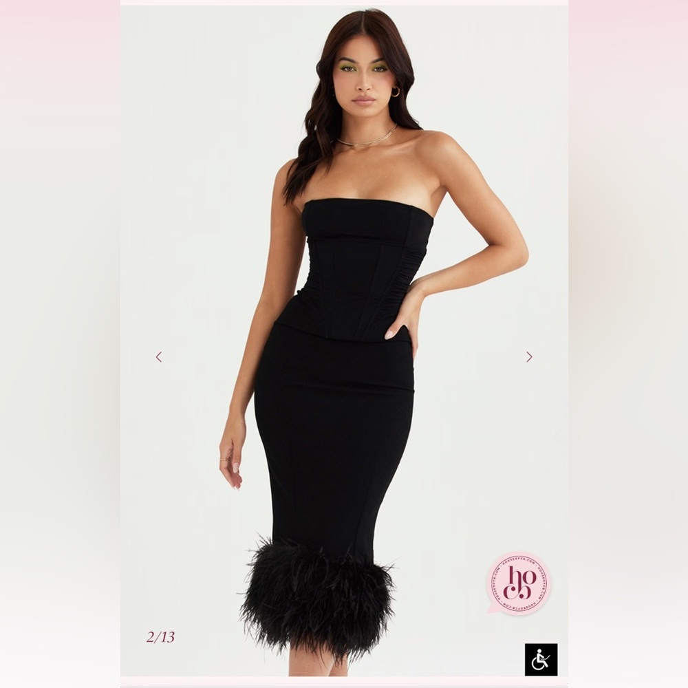 House of CB Strapless Black Dress with Feather Trim